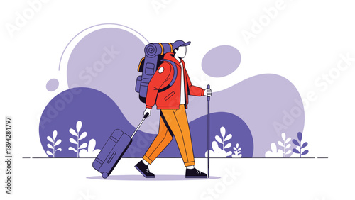 Backpacker Trekking with Large Rucksack and Suitcase Using Hiking Pole Against Abstract Purple and Blue Background