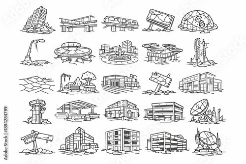Futuristic City Ruins. Line style icons of deserted futuristic cities: collapsed skyscraper, empty skybridge, abandoned monorail,