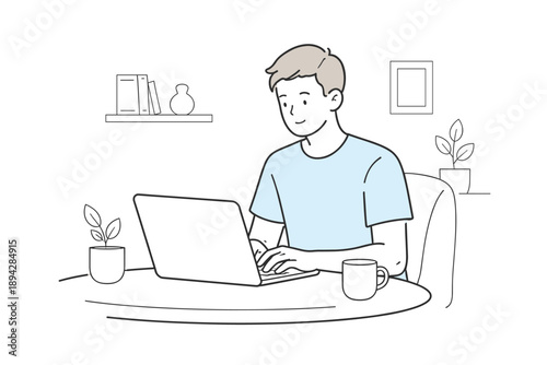 Minimalist Home Office. A man works on a laptop at home, seated comfortably and concentrating on tasks, minimalist flat line