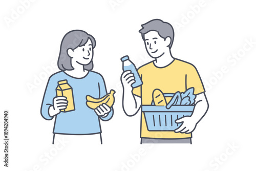 Grocery Shopping Duo. A man and woman choose groceries together, holding items while moving at an easy pace, minimalist flat line