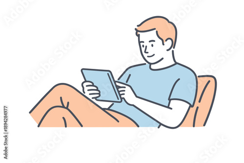 Minimal News Reading. A man reads news on a tablet while seated comfortably, relaxed posture and steady attention, minimalist flat