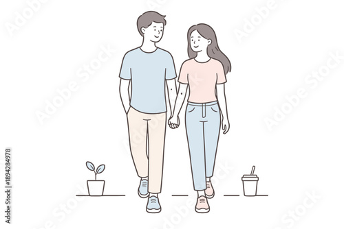 Minimalist Couple Stroll. A man and woman walk forward holding hands, staying close in a relaxed everyday scene, minimalist flat