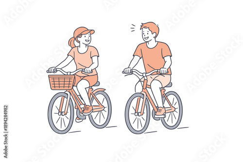Leisurely Bike Ride. A young couple enjoying a leisurely bike ride side by side, clean flat line illustration showing two people