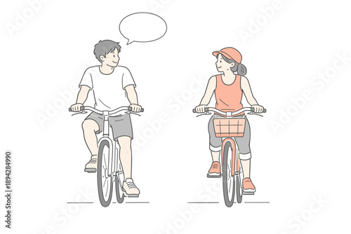 Leisurely Bike Ride. A young couple enjoying a leisurely bike ride side by side, clean flat line illustration showing two people