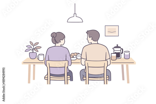 Scandinavian Breakfast Moment. A couple sitting together for breakfast in daily life, flat modern illustration of two figures