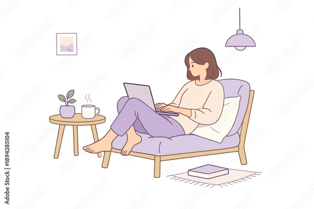 Fototapeta premium Cozy Home Office. A woman sitting comfortably while working on her laptop at home, flat modern illustration of a single figure