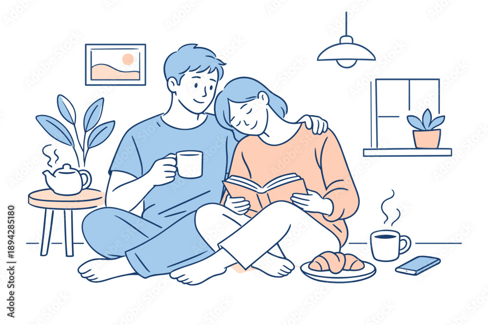 Obraz premium Cozy Morning Duo. Couple spending a calm slow morning together, seated comfortably in a simple home setting with soft expressions,