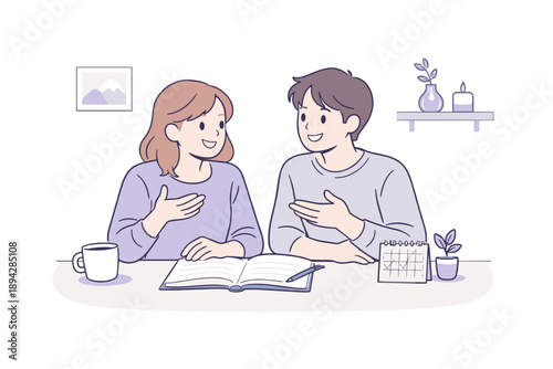 Scandinavian Couple Planning. Young couple planning ahead while sitting close together at a table, subtle hand movements and open