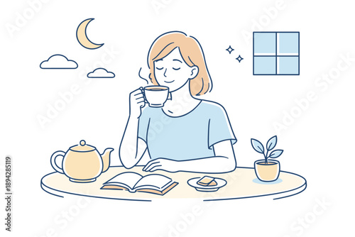 Serene Evening Tea. Woman calmly sipping evening tea at a small table, relaxed shoulders and serene expression, modern flat line