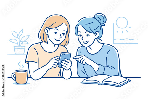 Friends Phone Browsing. Two friends browsing a phone together, relaxed expressions and subtle gestures suggesting interest and