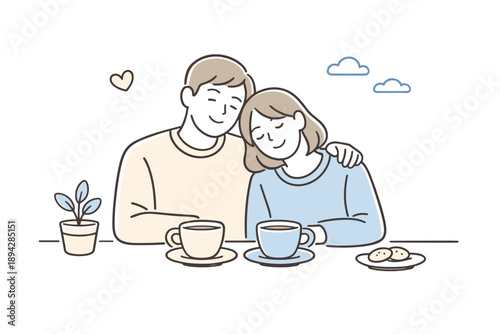 Cozy Coffee Break. Couple sitting together for a calm coffee break, cups placed neatly as they enjoy an unhurried moment, modern