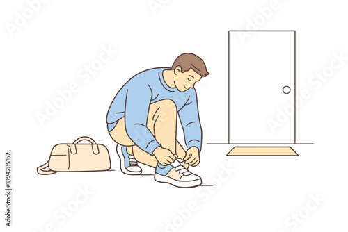 Tying Shoelaces Calmly. Man bending down to tie shoe laces before leaving, simple motion and calm expression capturing a routine