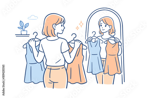 Choosing Today's Outfit. Woman calmly choosing an outfit for the day, subtle movement as she observes her reflection in a mirror,