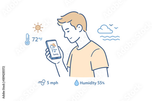 Weather Check Routine. Man checking today’s weather conditions on a phone, slight tilt of the head and calm focus capturing a