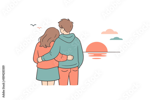 Sunset Serenity. Young couple standing together while watching the sunset, relaxed stance and soft expressions capturing a