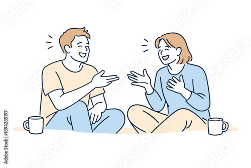 Animated Friendship Moment. Two friends exchanging funny stories, relaxed posture and animated hands capturing humor and