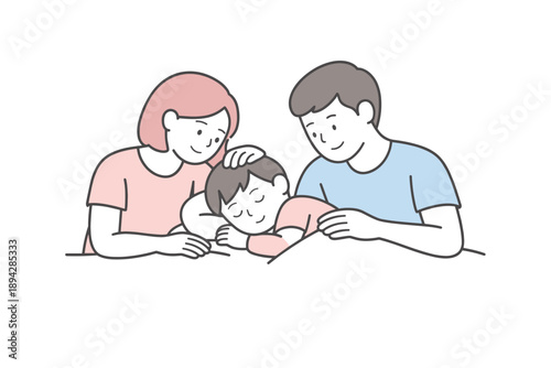 Comforting Bedtime Scene. Parents sit close to a sleepy child gently soothing them together Minimalist flat line vector