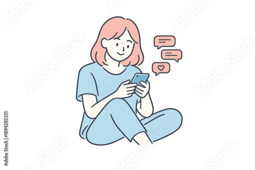 Morning Message Relaxation. Woman sits comfortably scrolling through morning messages with relaxed focus Minimalist flat line