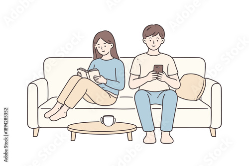 Minimalist Sofa Moment. Couple sits on a sofa quietly spending time together without conversation Minimalist flat line vector