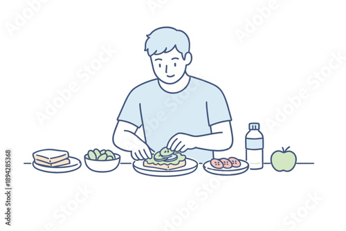 Minimalist Lunch Prep. Man assembles a light meal at the counter during a quiet lunch break Minimalist flat line vector