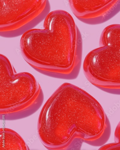 Close up of red wiggly jello hearts arranged on a pink background, showcasing glossy texture and vibrant color, ideal for festive occasions or culinary presentations