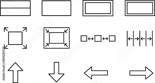 Line style vector icons of UI layout structure icons: section, container, wrapper, frame; margin, padding, spacing, gap; top,