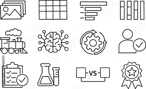 Line style vector icons of machine learning sandbox: dataset, table, rows, columns; train, learn, adapt, fit; validate, test,