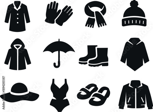 Solid vector icons of seasonal clothing: coat, gloves, scarf, beanie, raincoat, umbrella, boots, poncho, sun hat, swimsuit,