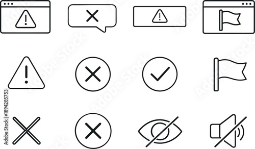 Icon Alert Grid. Line style of Alert message vector icons: popup, toast, banner, modal; exclaim, cross, mark, flag; dismiss, close