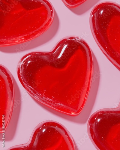 Close up of red heart-shaped gelatin candies arranged on a pink background, showcasing their glossy surface and vibrant color for festive occasions or celebrations