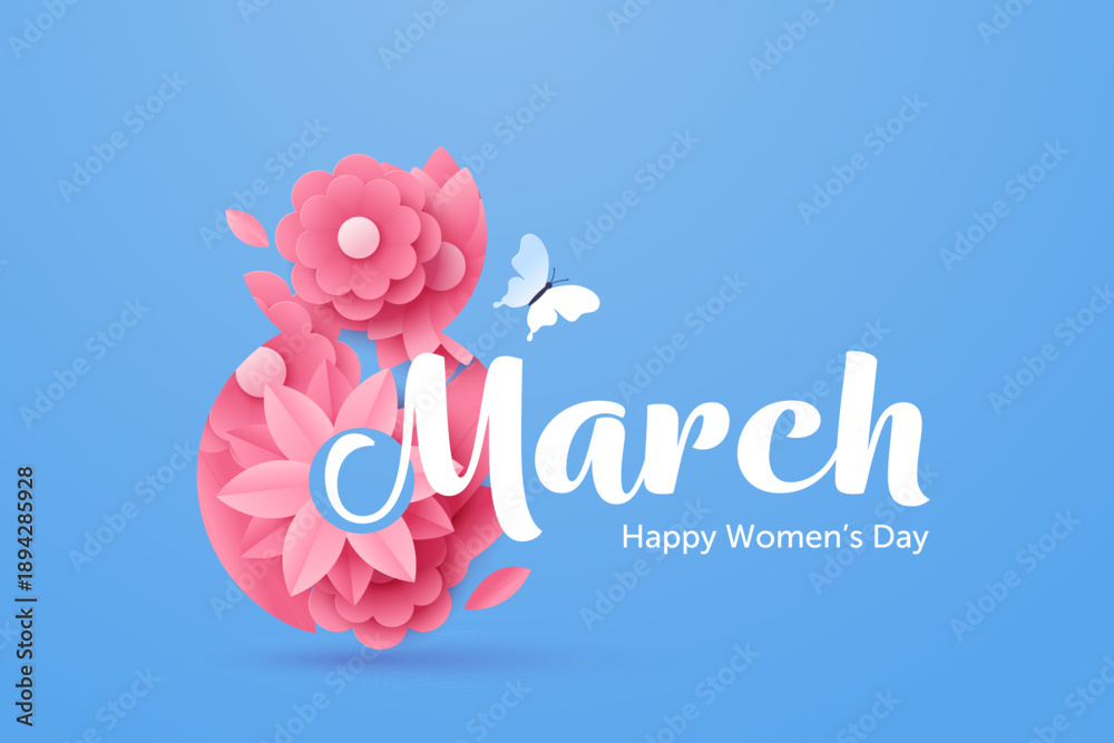 Naklejka premium Vector illustration for International Women's Day on March 8. Elegant floral number 8 made of pink flowers and petals with modern typography, and soft blue background. Ideal for greeting card, banner