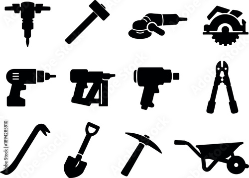 Solid vector icons of heavy construction tools: jackhammer, sledgehammer, angle grinder, circular saw, power drill, nail gun,