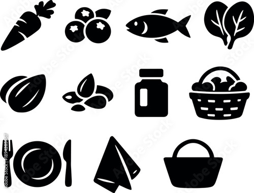 Eye Health Icons. Solid vector icons of eye health nutrition: carrot, blueberry, fish, spinach, nut, seed, bottle, plate, fork,