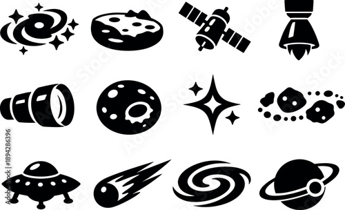 Solid vector icons of cosmic aesthetics: galaxy cluster, planet surface, orbiting satellite, rocket nozzle, telescope lens, moon