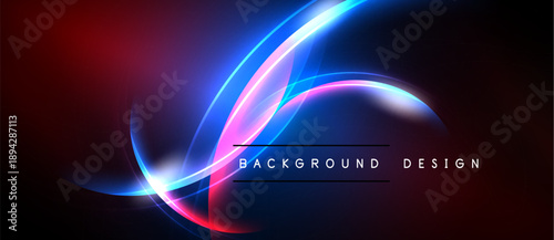 Abstract neon lights create dynamic curves. Vibrant colors blend into dark background. Modern design element for digital projects.