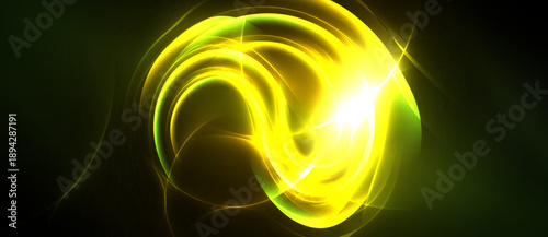 Bright yellow energy swirls against dark green backdrop. Light radiates, creating dynamic abstract composition. Vivid, glowing effect present.