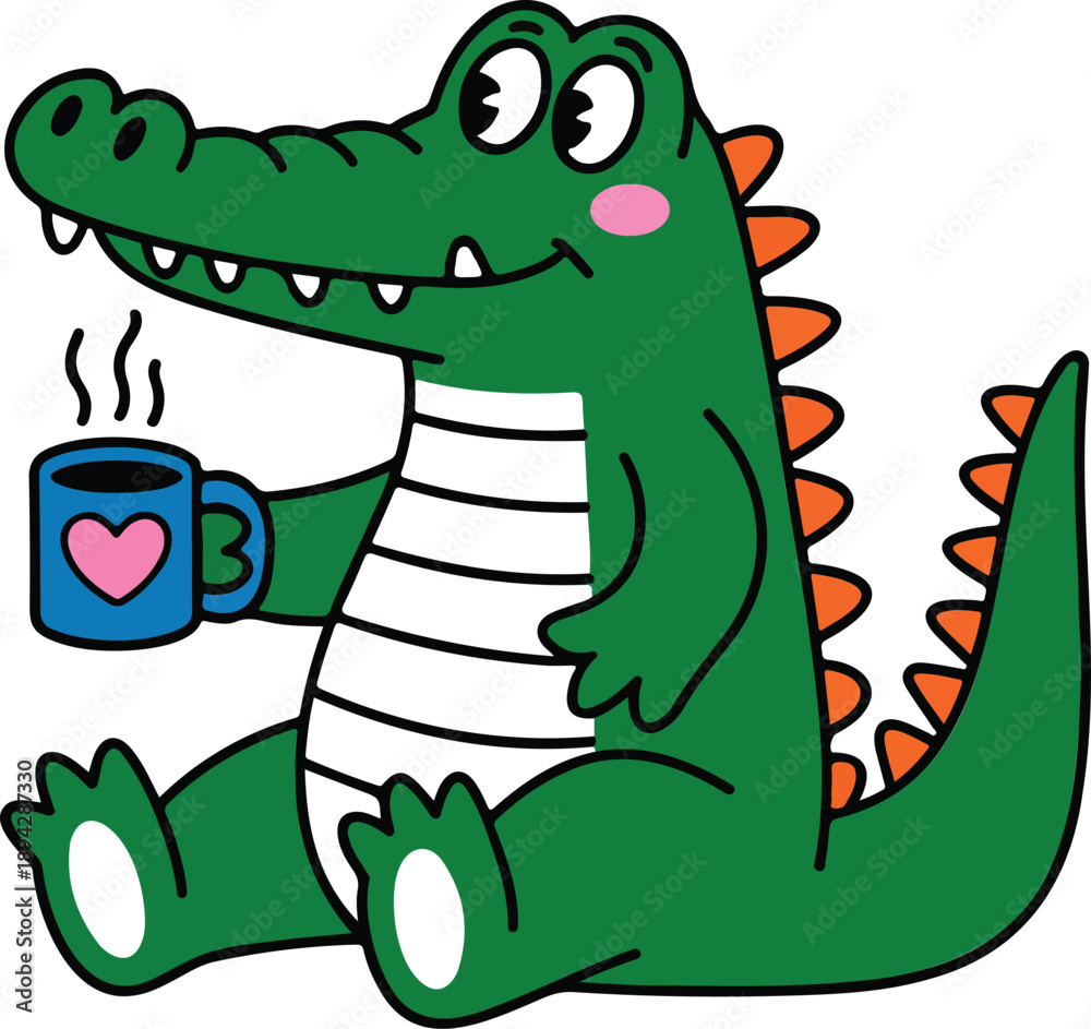 Obraz premium Chill Crocodile Line Icons Set Relaxing with Coffee Cup