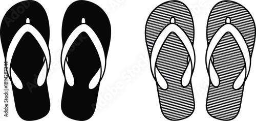 Summer Flip-Flop Sandals Icon Set  Solid and Outline Beach Footwear