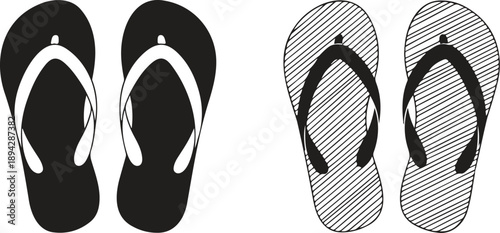 Summer Flip-Flop Sandals Icon Set  Solid and Outline Beach Footwear