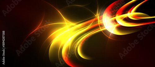 Bright abstract lines, vibrant yellow, red hues. Dynamic energy radiates from dark background. Smooth curves create flowing visual impact.