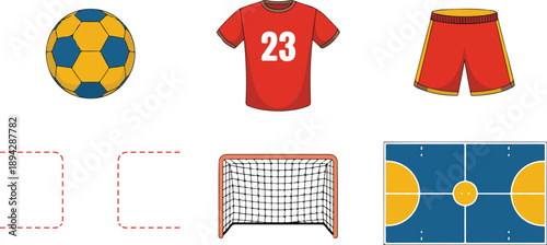 Soccer Equipment & Uniform Illustration Set  Ball, Jersey, Shorts, Goal & Field