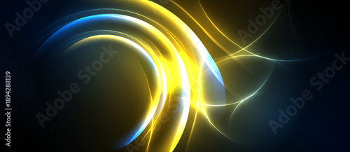 Abstract energy flows, vibrant yellow, blue hues. Dark background emphasizes bright curves, creating dynamic visual impact.