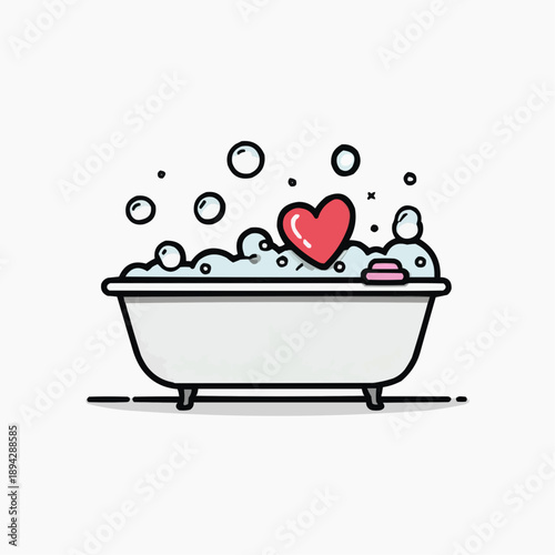 Cute cartoon bathtub with bubble bath and a red heart. Concept of self-care and relaxation with copy space