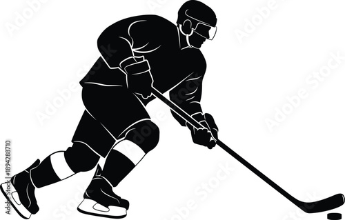 Action oriented black and white vector silhouette of a professional ice hockey player skating fast and handling a puck on ice