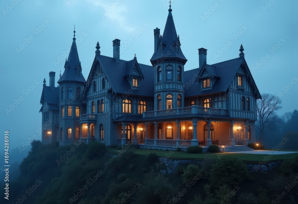 Fototapeta premium Gothic Revival Mansion Spires Pointed Arches Dramatic Elegance Medieval Charm