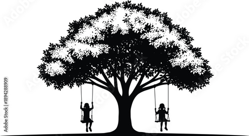 Black silhouette of two young girls sitting on swings under a large leafy tree cad drawing flat vector illustration isolated