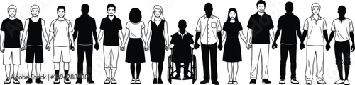 Diverse people and wheelchair user holding hands in a row unity concept cad drawing flat vector illustration isolated on white background