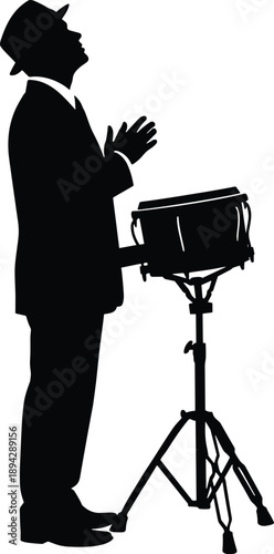 Silhouette of a Male Musician Wearing a Hat and Suit Playing Snare Drum on a Stand Isolated on White Background
