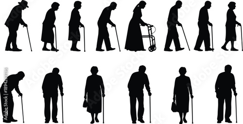 Silhouettes of Senior Men and Women Using Walking Sticks and Walkers for Mobility Assistance and Independent Living on a White Background
