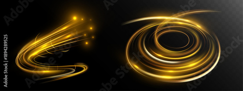 Light golden energy vortex and glowing spiral trails on dark background.
